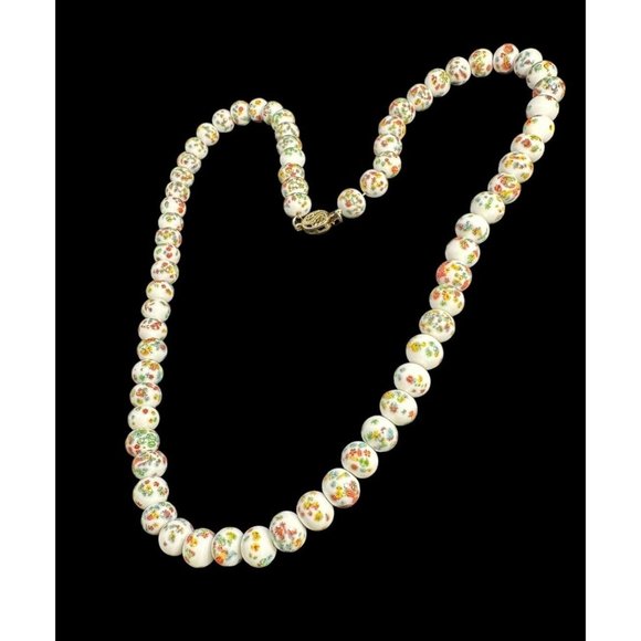Vintage MCM White Millefiori Beaded Knotted Necklace Gold Tone Filigree Clasp - Picture 4 of 7